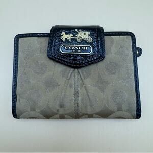 Coach Women’s Beige Trifold Logo Wallet with Brown Patent Leather Trim